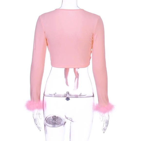 Pink long sleeve feather trim tie front crop top - Picture 9 of 16